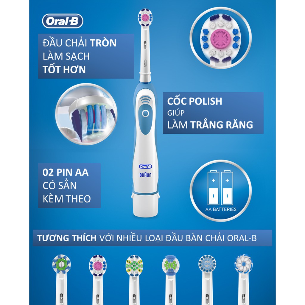 Bàn Chải Đánh Răng Pin Oral-B Clinical - Đầu 3DWhite - Bàn Chải Điện Oral B, Dùng pin AA, Hẹn Giờ 2-Phút