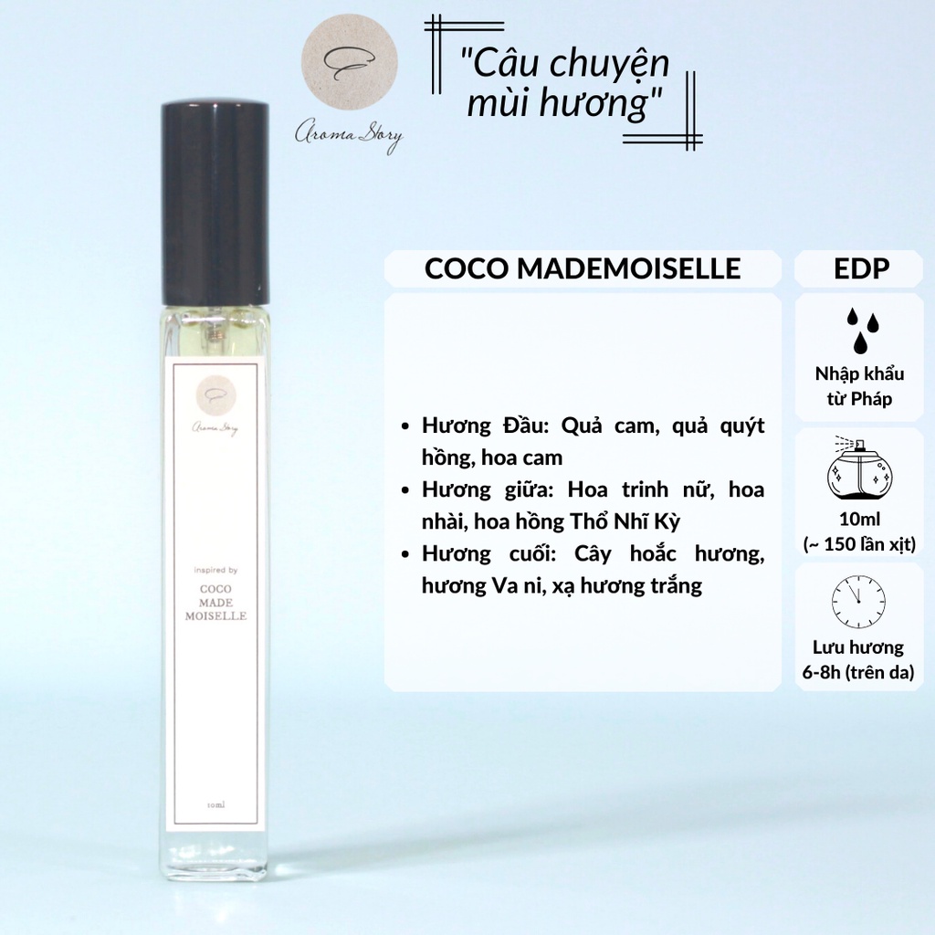 Tinh Dầu Nước Hoa Nữ Coco Mademoiselle EDP Aroma Story 10ml Chai Xịt, Tươi Mát, Ngọt Ngào, Lưu Hương 6-8 Giờ