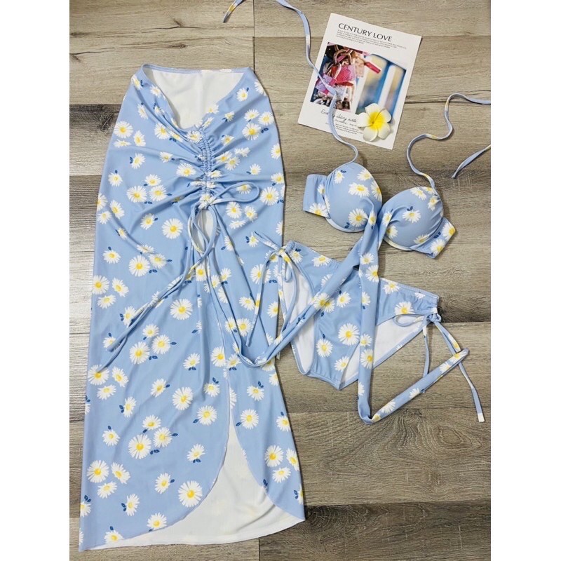 [HÀNG CHUẨN+ẢNH THẬT] Bikini 3 món hoa cúc xanh kèm chân váy | BigBuy360 - bigbuy360.vn