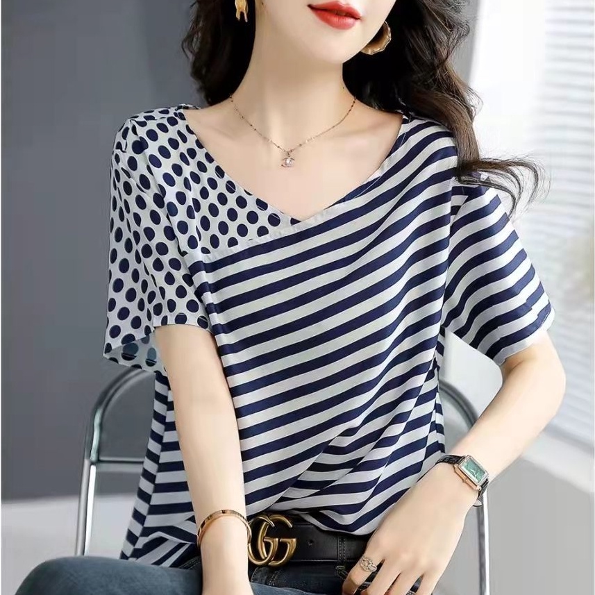 Áo Thun Nữ Ngắn Tay Cổ Chữ V Sọc Ngang Plus Size