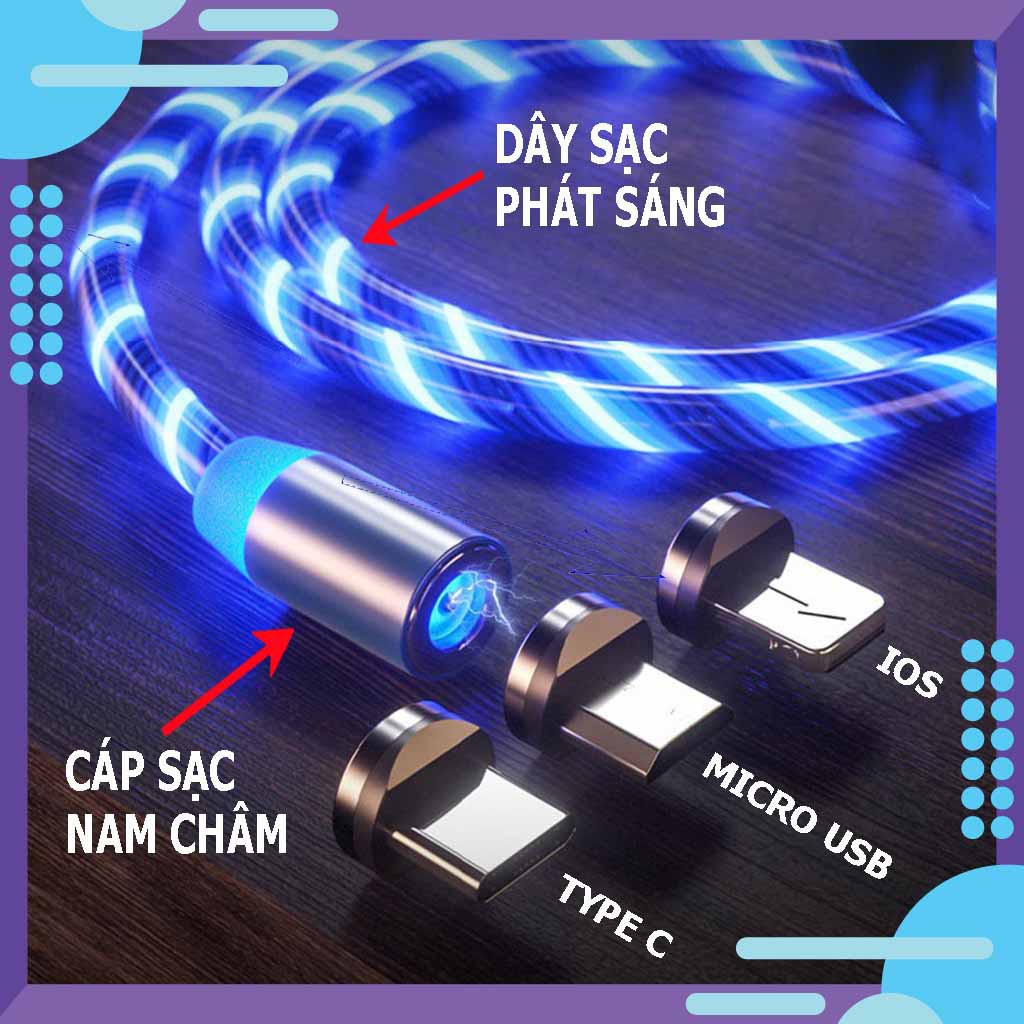 [FREESHIP] Cáp sạc nam châm dây phát sáng đầu Micro USB / Type C / Lightning  | Dây dù , Dài 1M -2M, Xoay 360 |