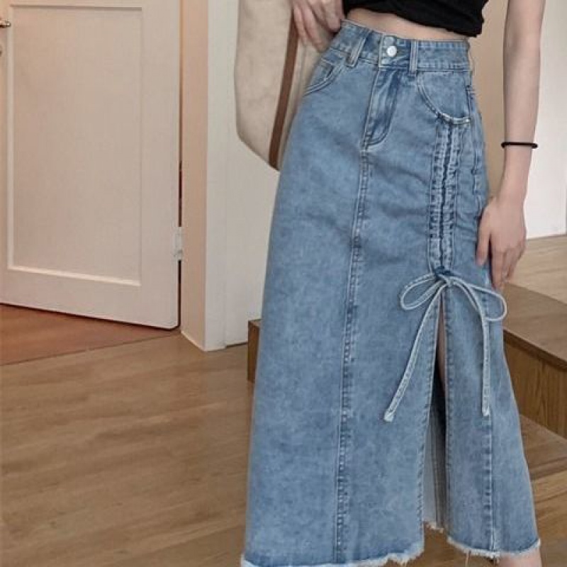 ANTUSON Chân váy jean Dài Dáng Chữ A Lưng Cao Xẻ Tà Thời Trang Mùa Hè 2023 Cho Nữ