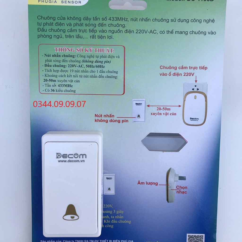 Chuông Cửa Không Dây Cao Cấp Không Điện Không Pin