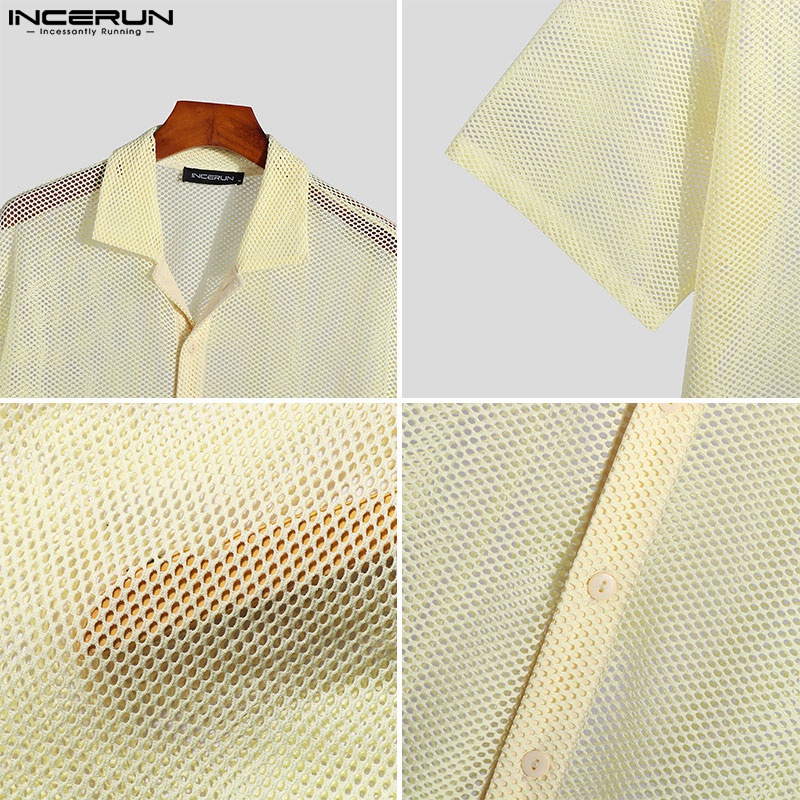 Áo sơ mi INCERUN tay ngắn cổ bẻ màu trơn tùy chọn thời trang cho nam