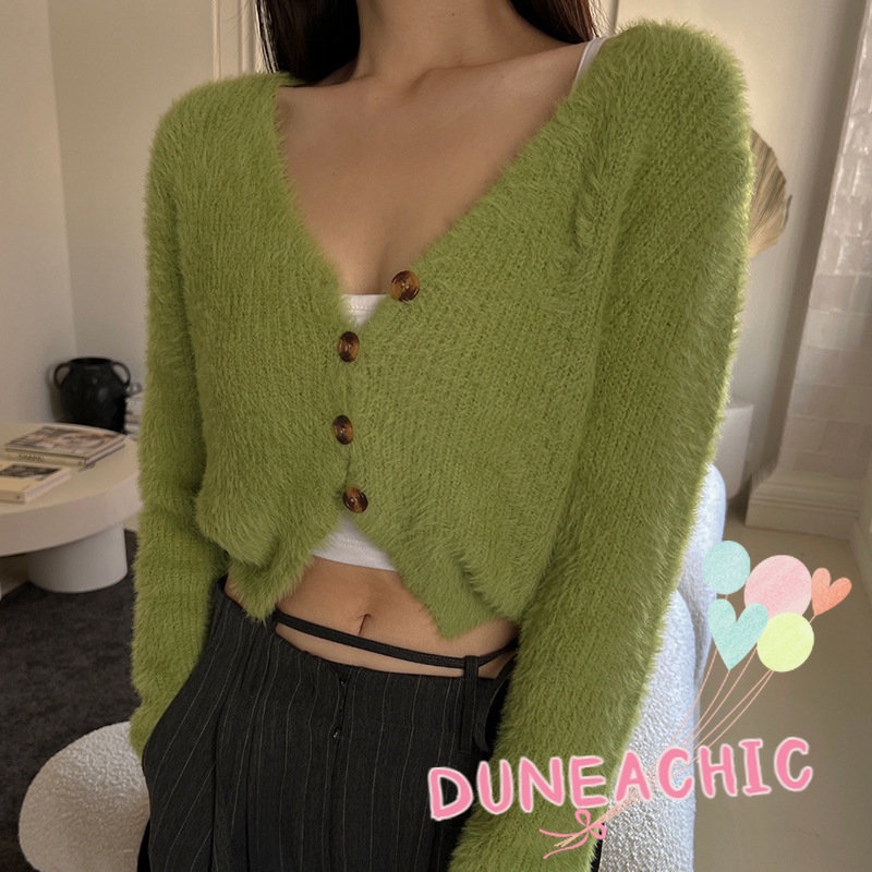 DUNEA Áo Khoác Dệt Kim Tay Dài Màu Trơn Phối Nút Thiết Kế Dáng Rộng Thoải Mái