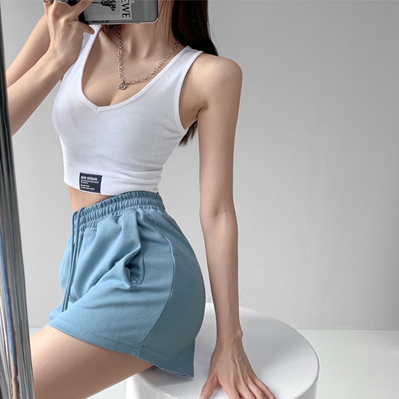Áo tanktop SUXI dệt kim không tay màu trơn có đệm ngực thời trang