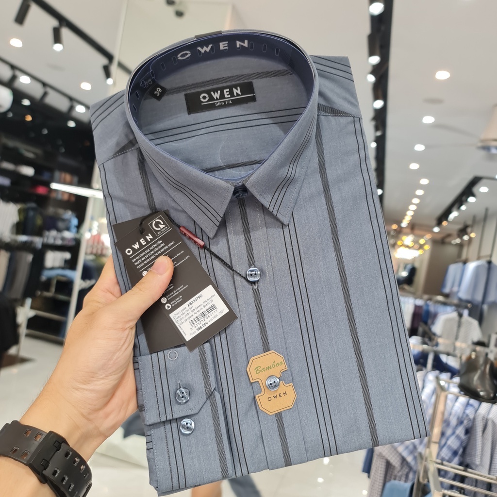 Áo Sơ Mi Nam Dài Tay Owen AS23379D Somi Công Sở Cao Cấp Màu Ghi Xám Kẻ Sọc Dáng Ôm Không Túi Chất Sợi Tre Mềm Mát | BigBuy360 - bigbuy360.vn