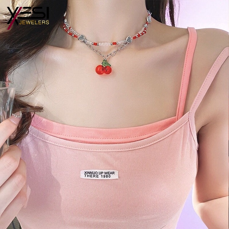 Vòng cổ Chuỗi Hạt Mặt Hình Trái Cherry Đỏ Thời Trang Cho Nữ