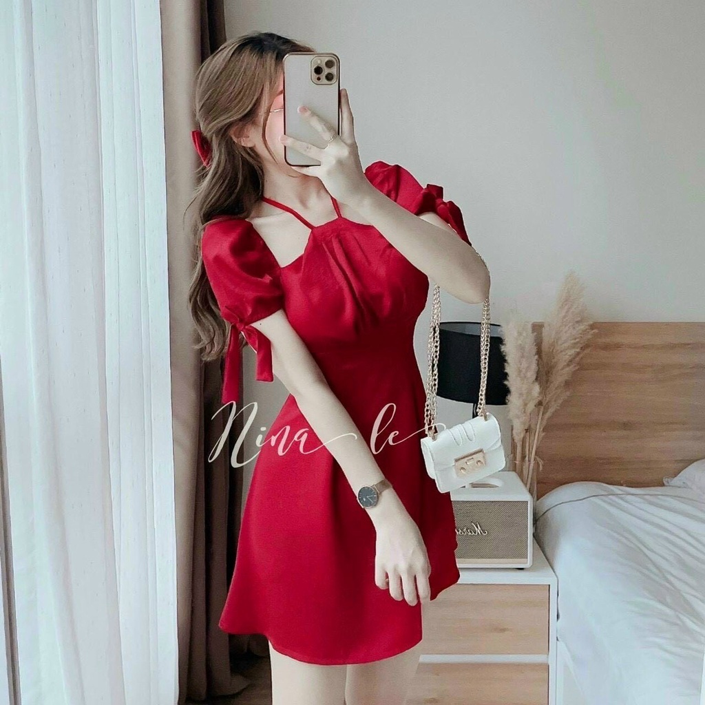 Đầm Cổ Yếm, Đầm Dự Tiệc Tay Ngắn Phối Nơ  Sẵn 3 Màu Đỏ, Trắng, Xanh Dáng Xòe Nữ Tính Thời Trang Nữ Xm Minh Phúc