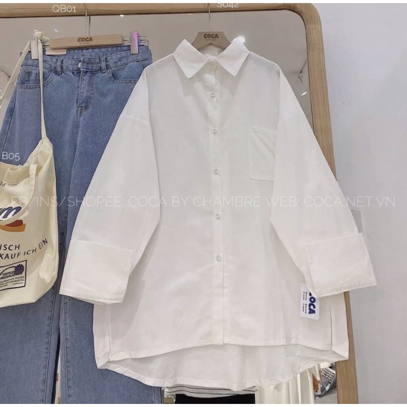 Set Quần Baggy Jaens Ống Rộng Suông Cá Tính + Áo Sơ Mi Trắng Cổ Trụ Tay Dài Tay Lỡ Sang Chảnh