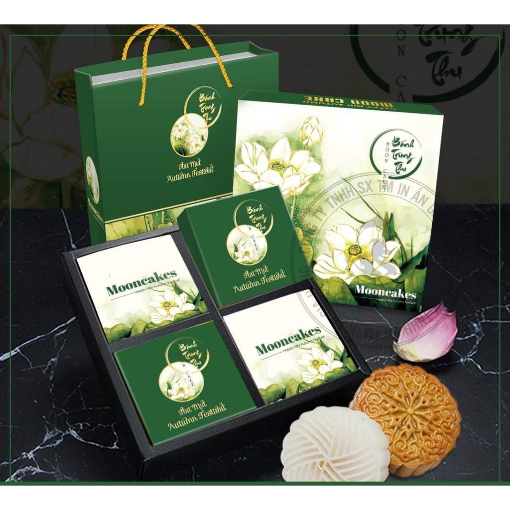 Hộp trung thu 4 bánh Sen Trắng Xanh ⚡ GIÁ CỰC TỐT⚡ hộp đựng bánh trung thu hoa sen 125g 250g