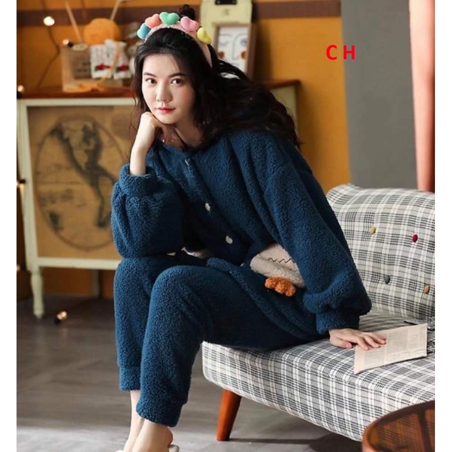 Bộ lông cừu nữ, Bộ đồ lông mặc nhà túi củ cải trắng, Sét Bộ Đồ ngủ nữ mũ siêu ấm áp, Bộ giữ nhiệt nữ siêu ấm mùa đông
