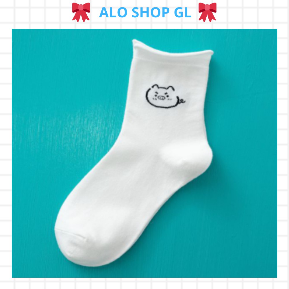 Tất cổ cao, Vớ cotton cổ cao phong cách Hàn Quốc co giãn tốt in hình con vật xinh xắn, dễ thương, dễ phối đồ