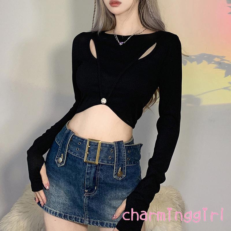 Áo Croptop Tay Dài Cổ Tròn Màu Sắc Đơn Giản Cho Nữ