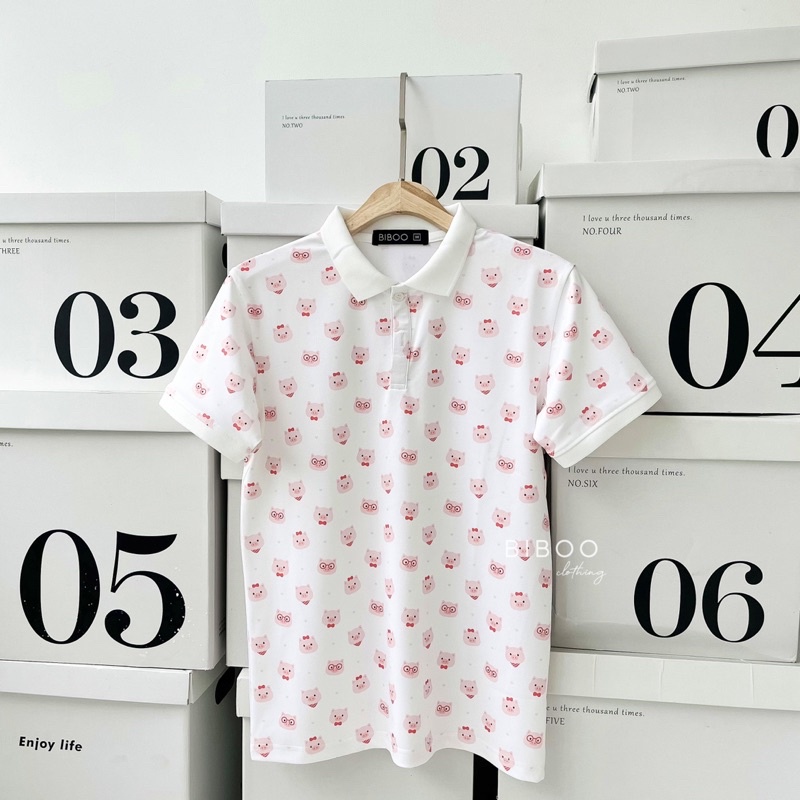 BIBOO - Áo polo họa tiết có cổ tay ngắn form unisex nam nữ HEO HỒNG - PINK PIGS chất liệu dày dặn, không nhăn