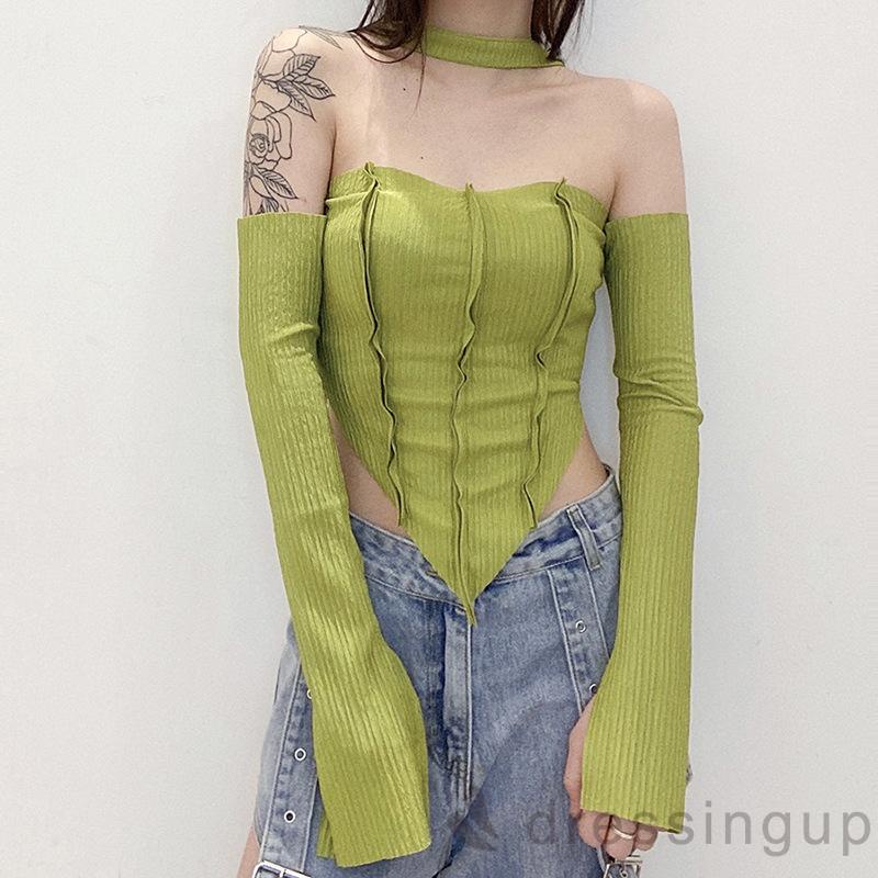 DRESSINGUP-Áo thun tay dài hở vai màu trơn thời trang quyến rũ cho nữ