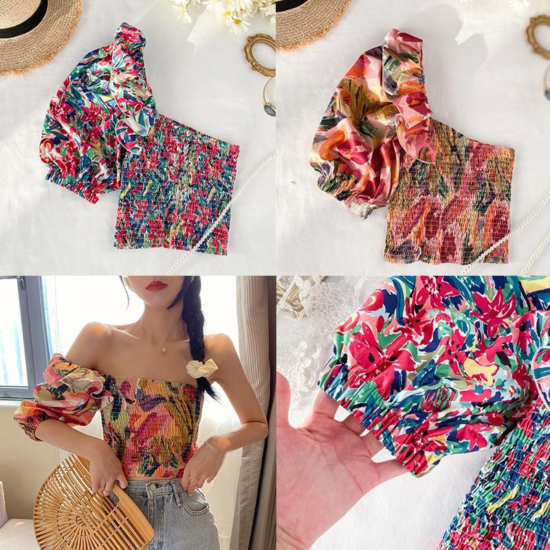 Korean Floral Printed Ruffled Irregular Sexy Slim Crop Women Blouse | BigBuy360 - bigbuy360.vn