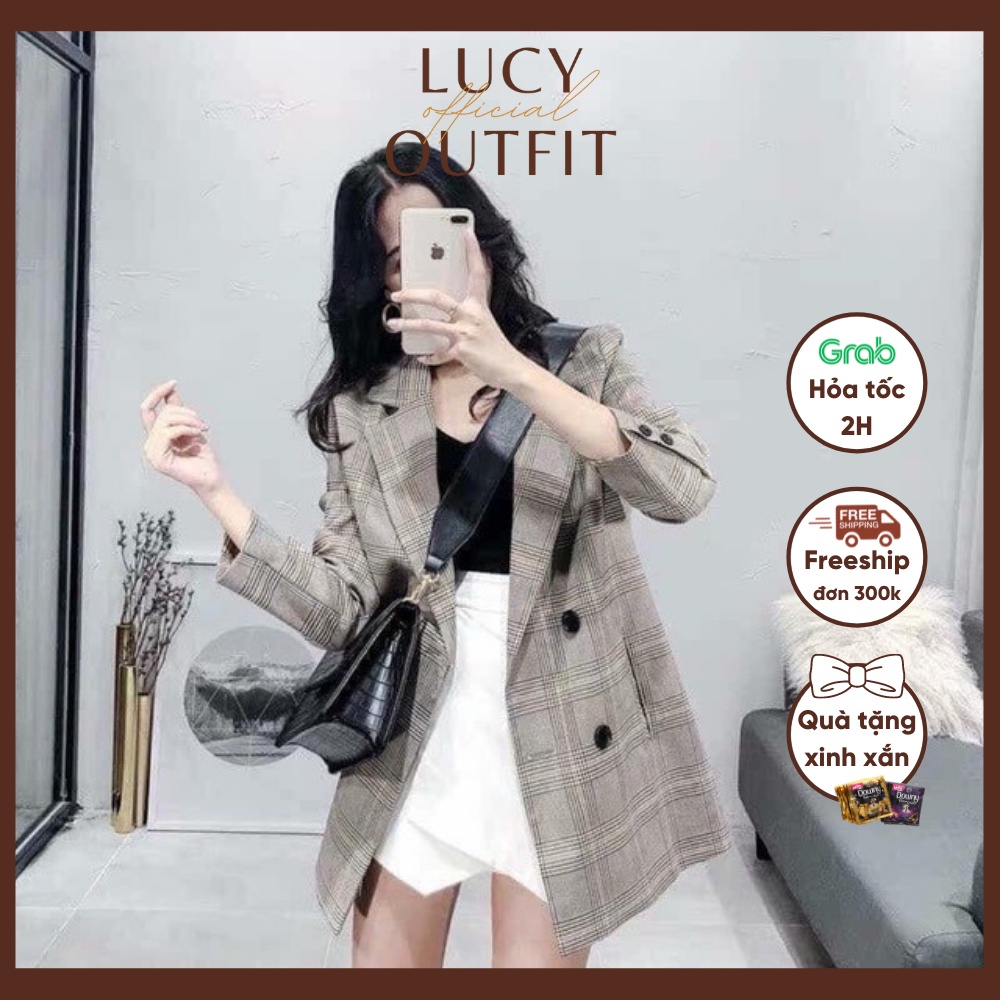 Áo blazer kẻ túi đứng Lucy Outfit thiết kế Áo khoác vest 2 hàng khuy hai lớp Hàn Quốc