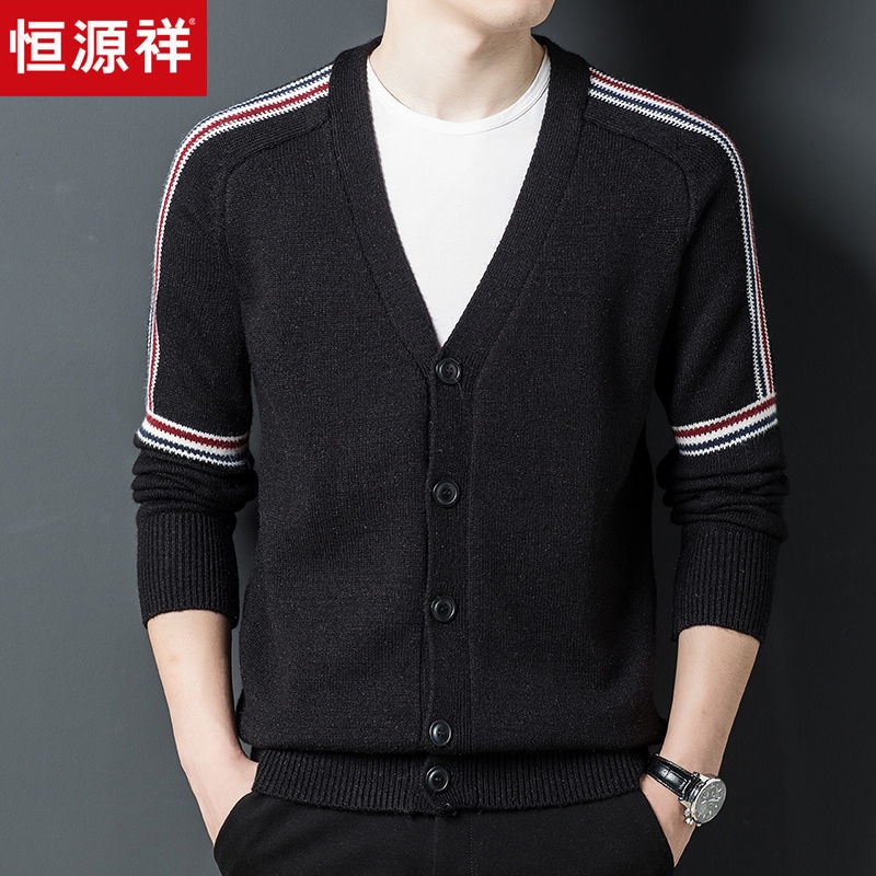 Hengyuanxiang áo len dệt kim cao cấp nam sọc cổ chữ V trẻ trung và niên Hàn Quốc giản dị mùa xuân thu năm 2021 mới
