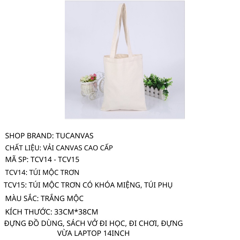 Túi tote trơn, túi vải bố canvas, có khóa miệng, có đáy định lượng vải 250gsm TUCANVAS (túi trơn)