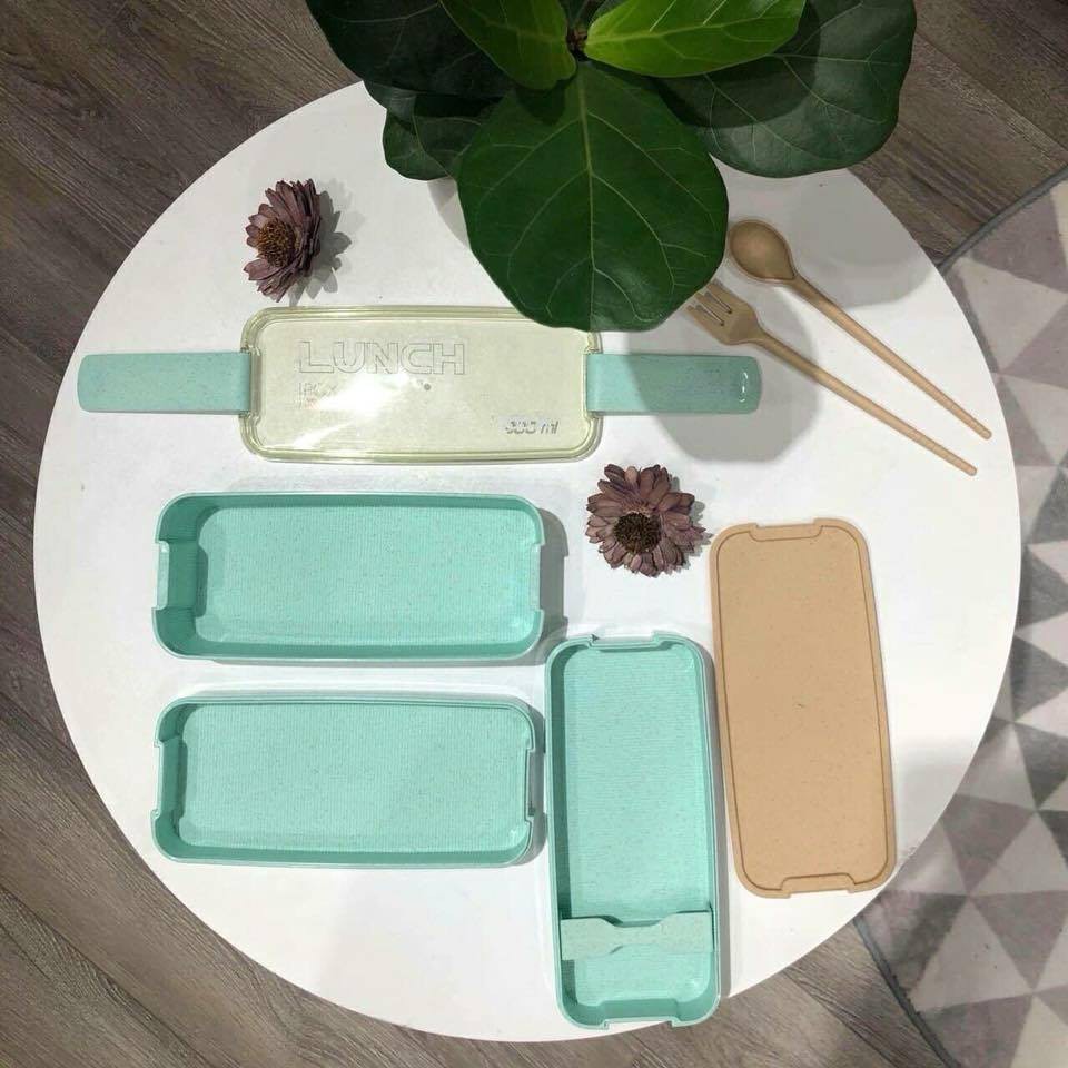 Hộp cơm 3 tầng chất liệu nhựa lúa mạch kèm thìa nĩa - hộp cơm văn phòng màu pastel dễ thương[HỌP CƠM LUNCH]