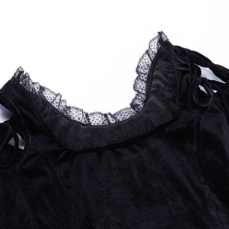 Áo croptop tay loe dài cổ vuông phối ren và nơ phong cách gothic quyến rũ cho nữ