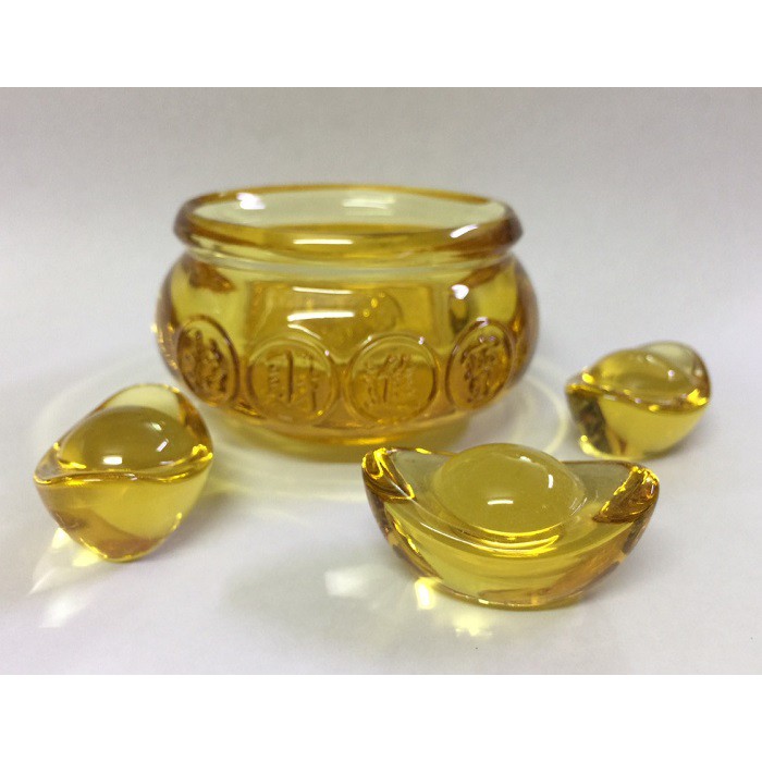 Hủ vàng bát Tụ Bảo Bồn lưu ly chiêu tài nạp lộc Thần Tài (8cm) kèm 03 thỏi kim nguyên bảo độc đáo | BigBuy360 - bigbuy360.vn