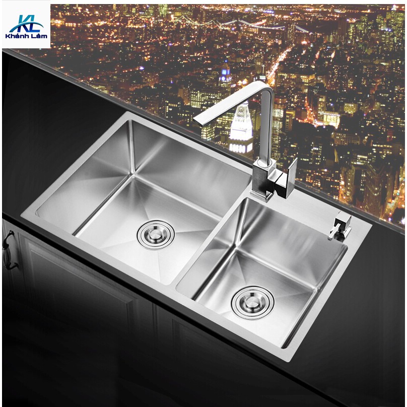 Combo Chậu Rửa Chén Bát 2 HỐ LỆCH INOX SUS 304 Cao Cấp tặng Rổ kéo đựng trái cây thực phẩm và bộ xả chậu