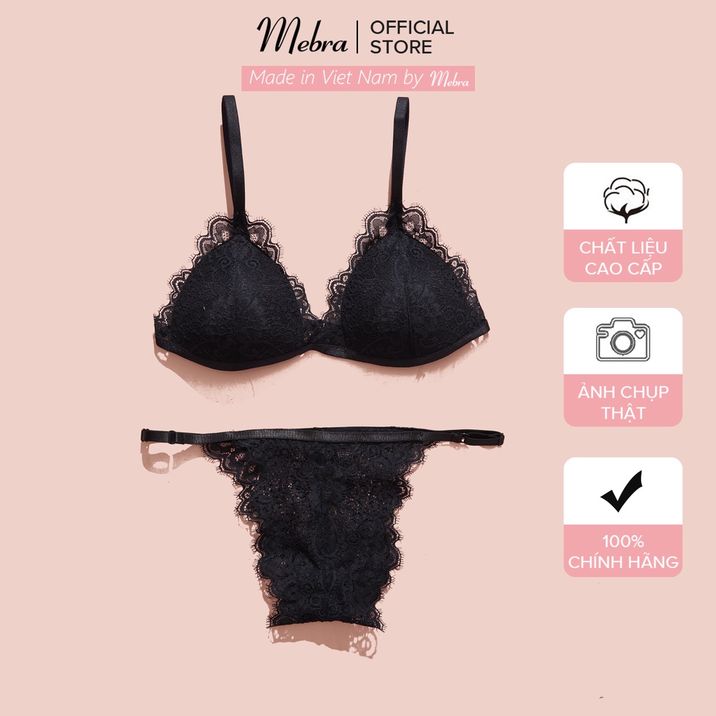 Bộ đồ lót bralette ren mí đen hàn không gọng mút mỏng có tăng đơ 4 chiều sexy gợi cảm cao cấp Mebra A020+Q014C