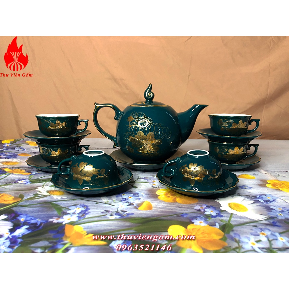 Bộ Ấm Chén Uống Trà Bộ Ấm Chén Bát Tràng Cao Cấp Sen Xanh Mallard