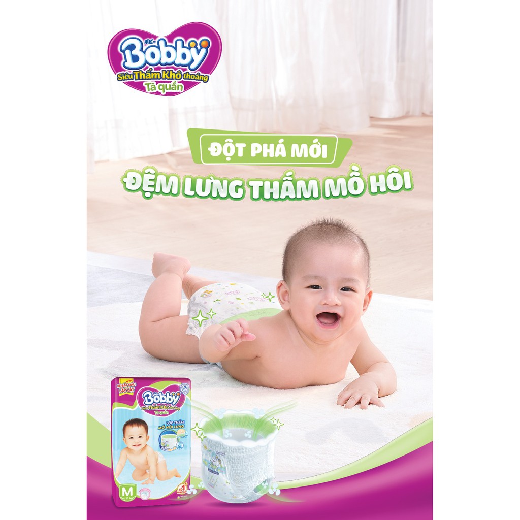 Tã Quần Bobby Siêu Thấm Khô Thoáng Gói Mega Jumbo Size M124/L108/XL96/XXL88 (Lớp thấm mồ hôi lưng)