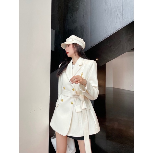 Áo khoác vest nữ hai hàng khuy có đai thắt eo thương hiệu thời trang cao cấp YSL