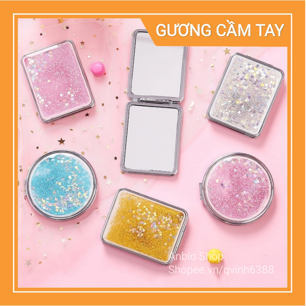 Gương trang điểm mini cầm tay, gương gập 2 mặt kim tuyến nước chảy