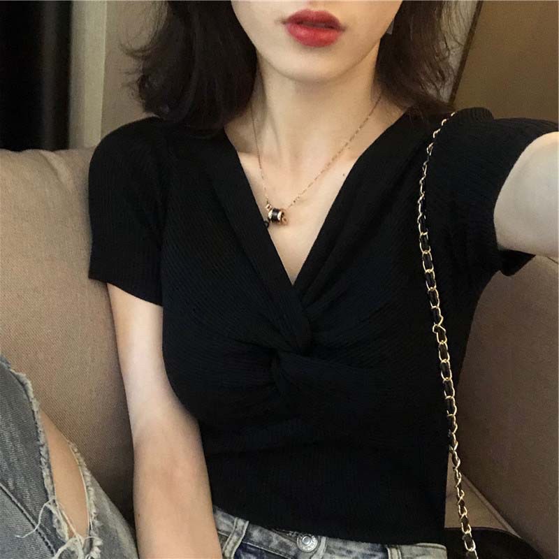 Áo len nữ cổ chữ V nhúm ngực tiểu thư chất vải thun gân len tăm phong cách Ulzzang Hàn Quốc AN1