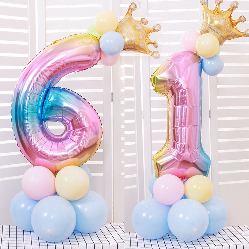 32 inch Vương miện Cầu vồng Gradient Màu Bóng bay lá nhôm kỹ thuật số 0-9 Sinh nhật Đồ dùng trang trí tiệc cưới