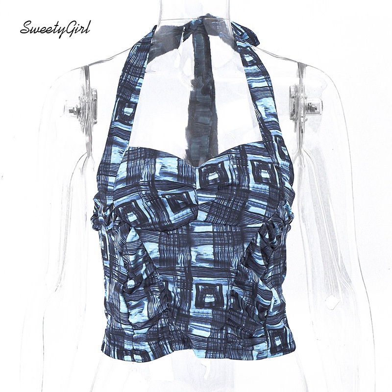 Áo Tank Top Hai Dây Dáng Ôm In Họa Tiết Caro Màu Xanh Dương Thời Trang 2022 Quyến Rũ Cho Nữ