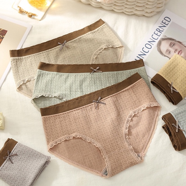 Quần lót nữ viền ren đính nơ, Quần lót cotton cao cấp, cạp vừa SAVILL LQ14