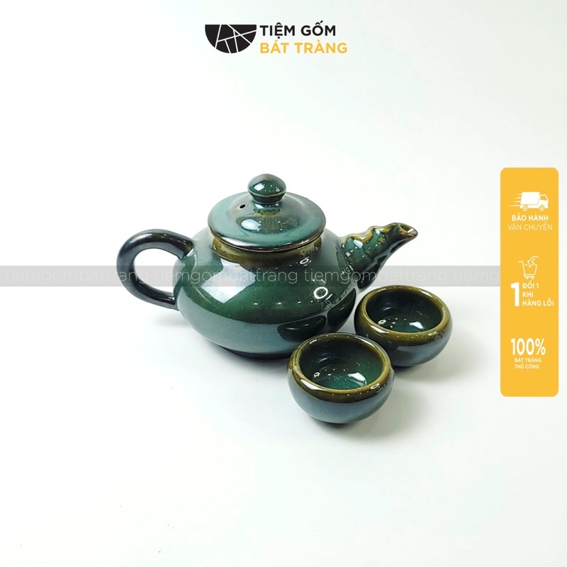 Bộ Ấm Trà Sứ Bát Tràng Men Ngọc Lục Bảo Kèm Khay Lá Sen Nổi Lá Bàng Tách Chén Trà Làm Quà Tặng Cao Cấp