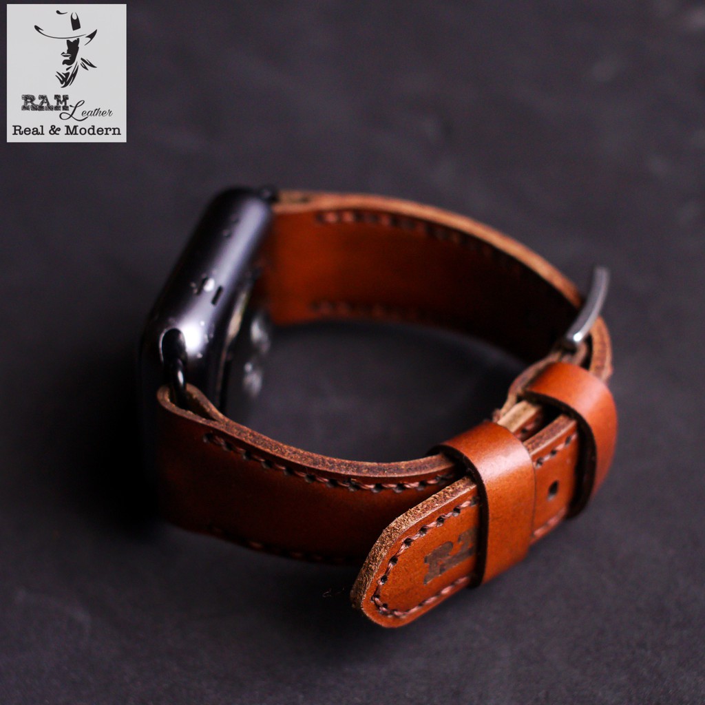 Dây apple watch da bò thật nâu đỏ handmade bền chắc cực đẹp RAM Leather bauhaus 1980 - tặng khóa chốt và adapter