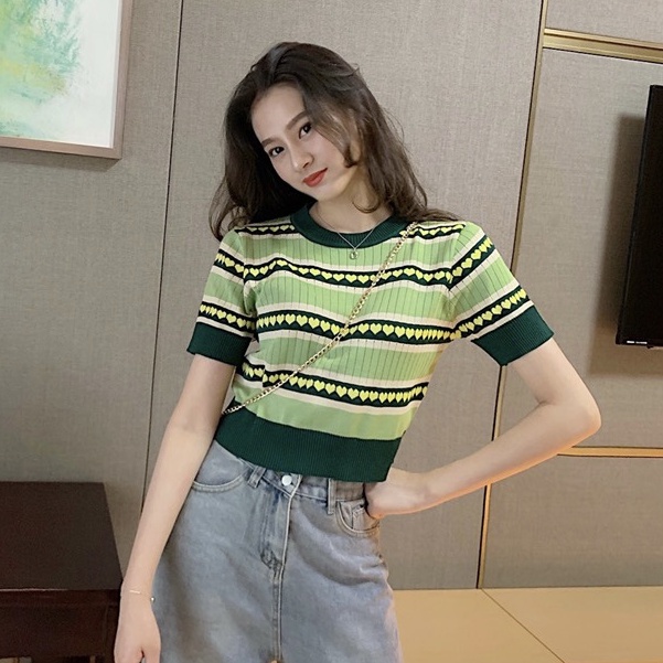 Áo thun dệt kim tay ngắn dáng rộng phong cách Hàn Quốc thời trang cho nữ