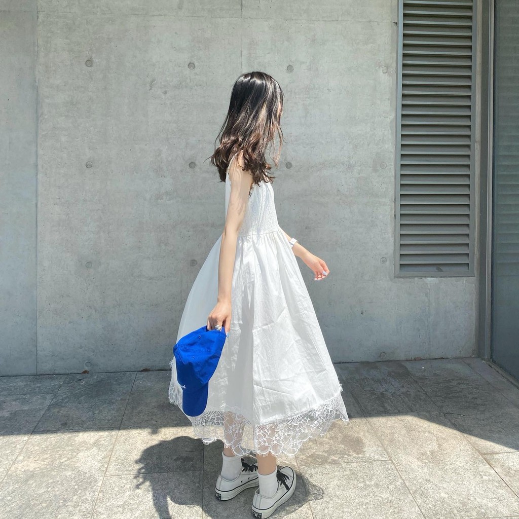 [Ảnh thật] Đầm babydoll 2 dây cổ tim thô đũi viền ren / Váy dây đi biển dáng xoè