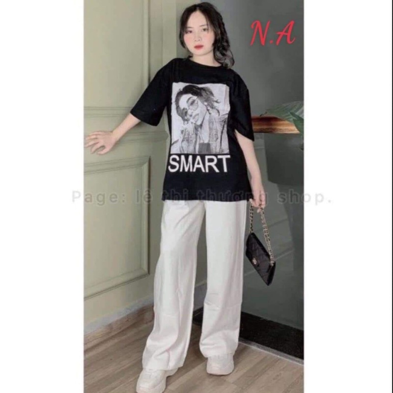 Set Quần Dài Trắng suông Áo ABCD, Cô Gái Nữ [FREESHIP] Bộ đồ culottes trơn  kèm thun form rộng tay lỡ in hình Ulzzang