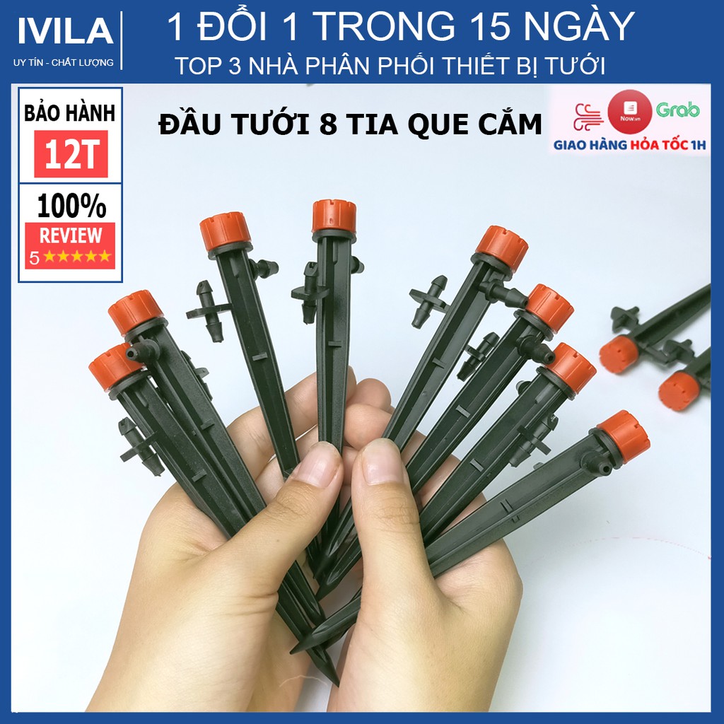 Béc tưới nhỏ giọt 8 tia có que cắm + khớp nối 5mm - Điều chỉnh được lưu lượng - Thích hợp tưới gốc cây bán kính 20-30cm