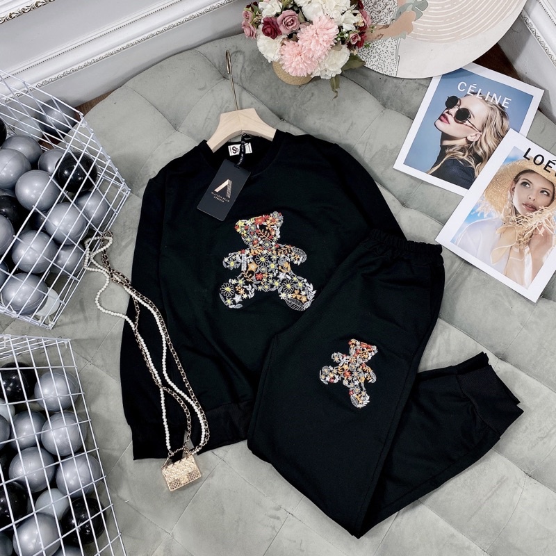 Bộ thể thao gấu hoa Set bộ thêu gấu màu siêu đẹp