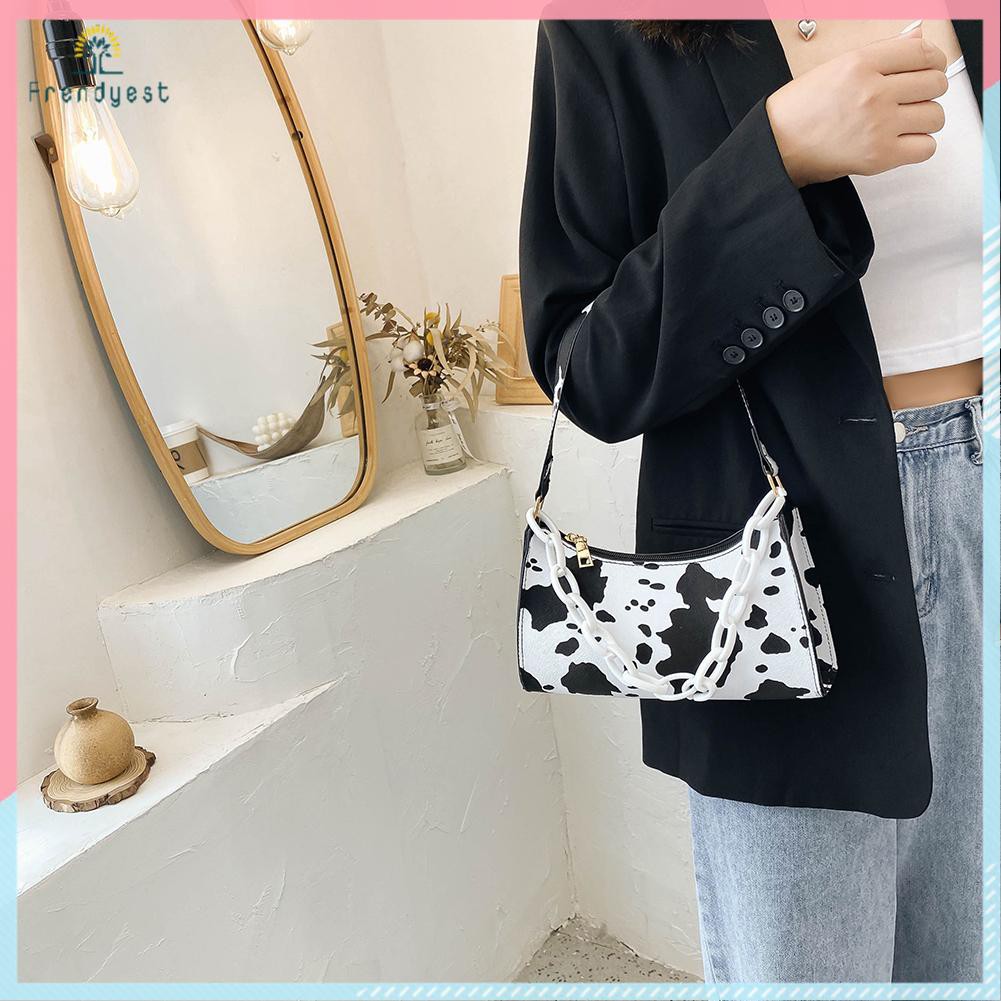 Túi đeo vai da PU dây đeo acrylic họa tiết da bò sữa thời trang đường phố cho nữ | BigBuy360 - bigbuy360.vn
