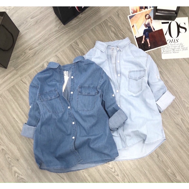 Áo sơ mi jean 2 túi nắp tay dài phối nhiều style