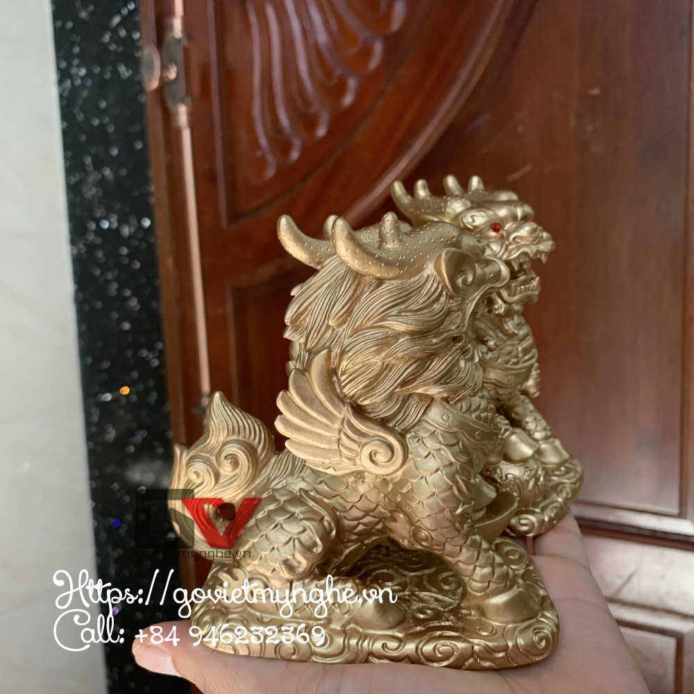 Cặp 2 Tượng Đá Tỳ Hưu 2 Sừng - Trang Trí Bàn Làm Việc - Cao 12cm - Màu Nhũ Vàng | BigBuy360 - bigbuy360.vn