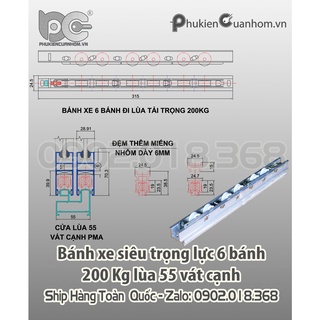 Bánh xe 6 bánh cửa đi lùa hệ 55 vát cạnh
