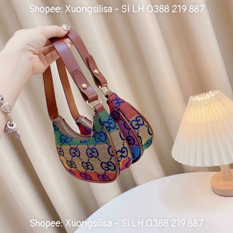 TÚI XÁCH NỮ TÚI KẸP NÁCH VẢI PHỐI QUAI DA 7 SẮC CẦU VỒNG CÓ ĐỦ SIZE CHO MẸ VÀ BÉ