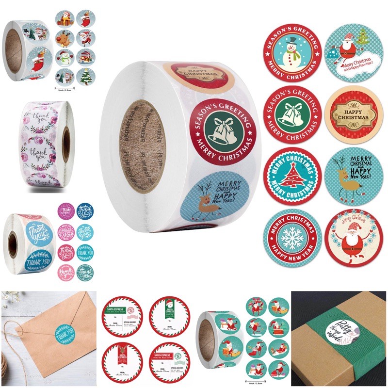 Cuộn 500 tem dán decal sticker Thank you, Noel Giáng Sinh siêu rẻ sz trung bình 3.8cm